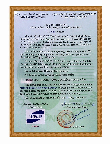 Chứng nhận tiêu chuẩn môi trường - Công Ty TNHH Tân Nam Phong
